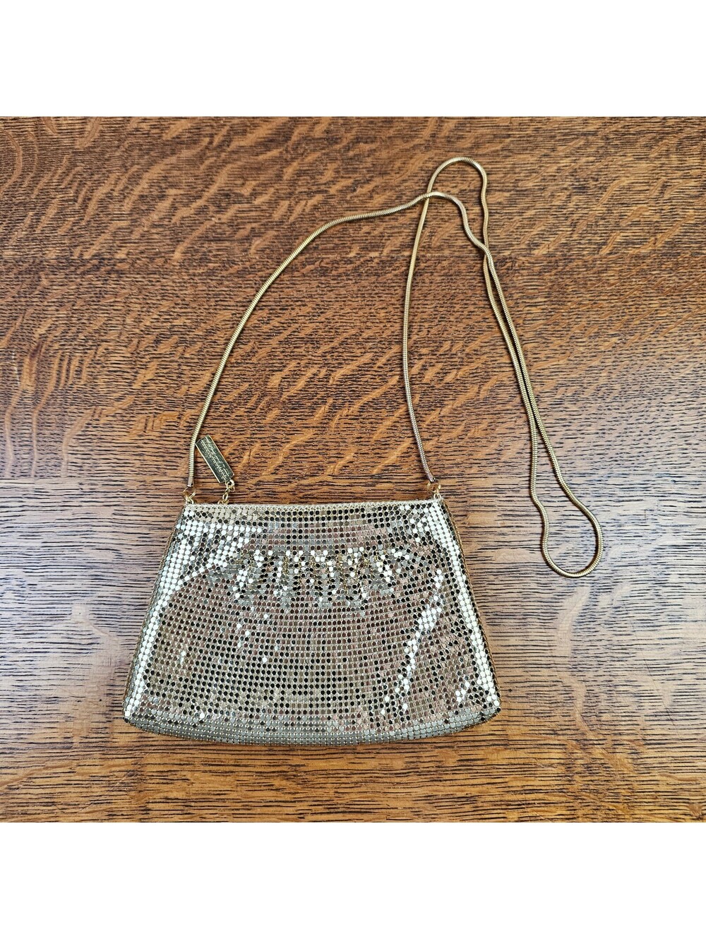 Vintage 90s Whiting & Davis Gold Metal Mesh Crossbody Evening Bag Purse